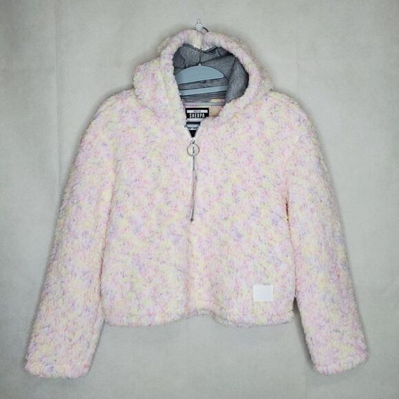 Justice Cotton Candy Pastel Multicolor Hooded Half Zip Sherpa Pullover in Blush - Picture 2 of 11